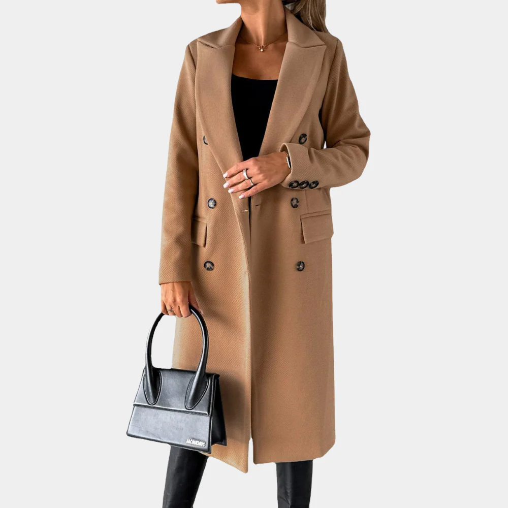Women’s Long Coat – Tailored Fit – Wool Feel – Double-Breasted – Notched Lapel