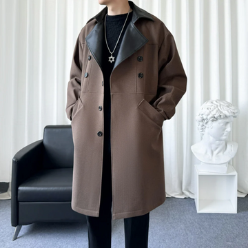 Men’s Long Coat – Wool Blend – Relaxed Fit – Double-Breasted – Notch Lapel – Contrast Collar