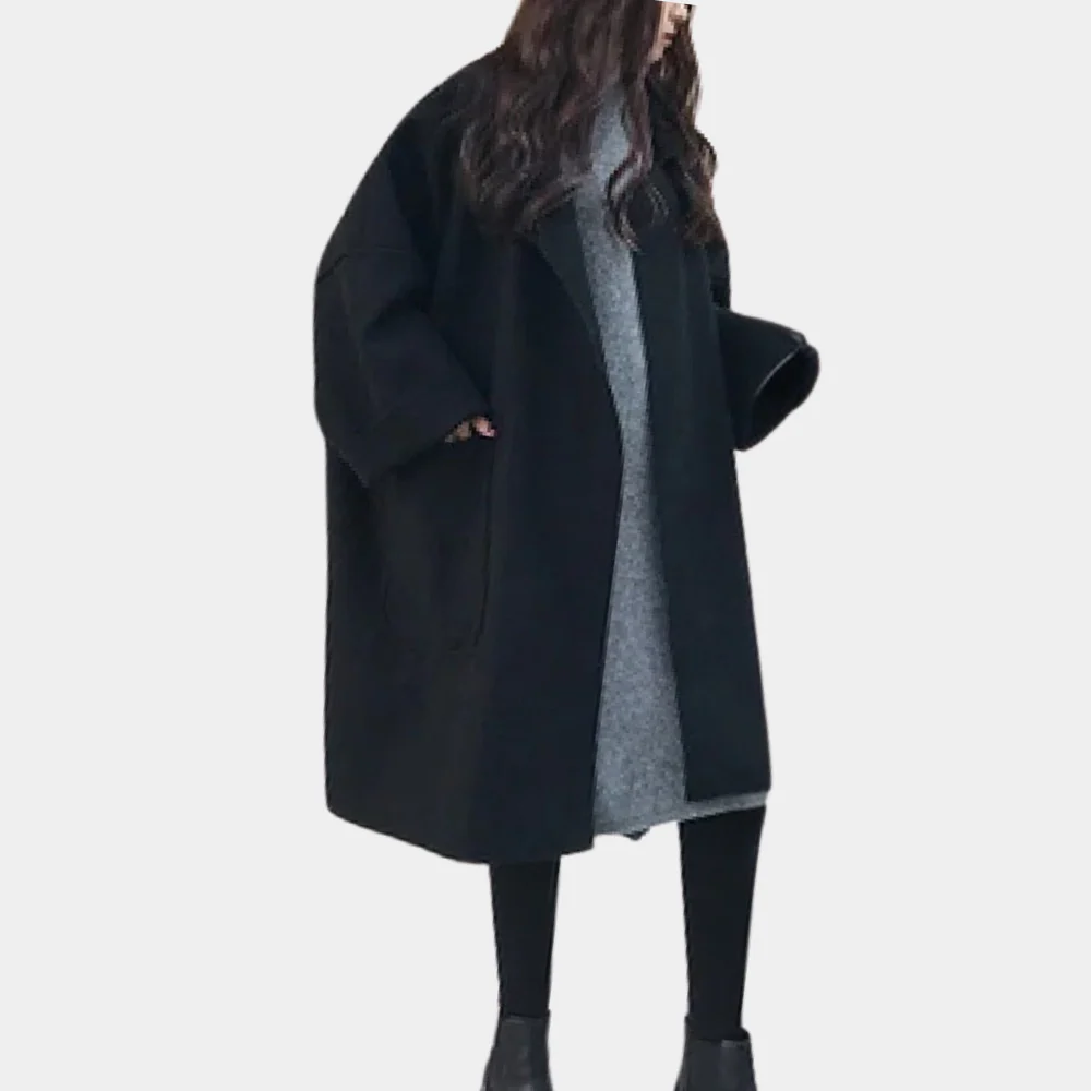 Women’s Long Coat – Oversized Fit – Wool Blend – Notched Lapel – Patch Pockets