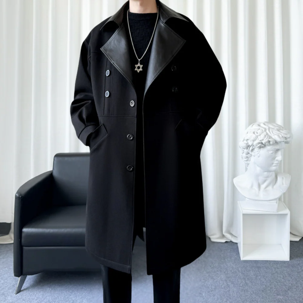 Men’s Long Coat – Wool Blend – Relaxed Fit – Double-Breasted – Notch Lapel – Contrast Collar