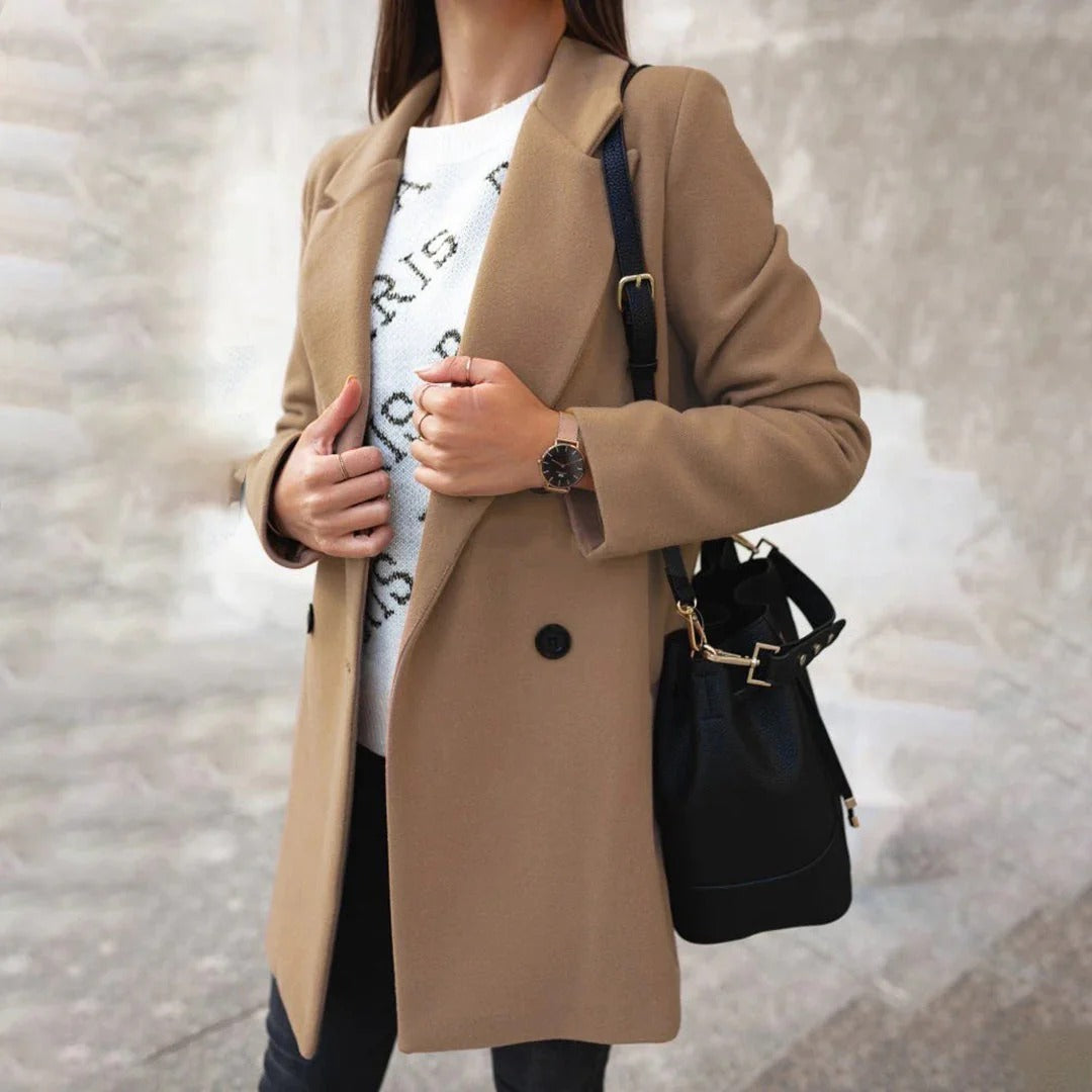 Women’s Long Coat – Tailored Fit – Wool Blend – Notched Lapel – Single Breasted