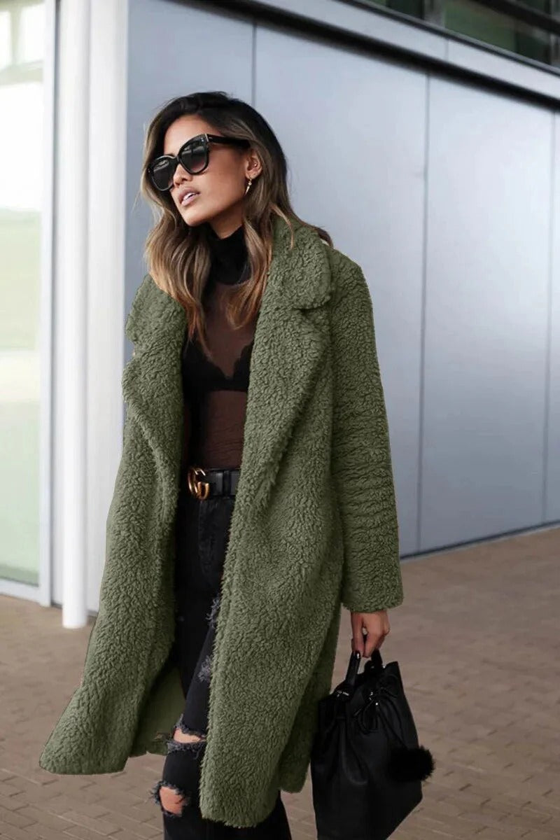 Women’s Long Fleece Jacket – Oversized Fit – Sherpa Feel – Notched Lapel – Open Front