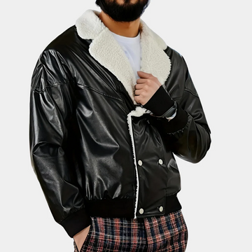 Men’s Bomber Jacket – Relaxed Fit – Leather-Like Texture – Plush Collar – Snap Closure