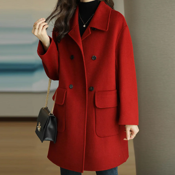 Women’s Double-Breasted Coat – Wool Feel – Structured Fit – Notched Collar – Mid Length