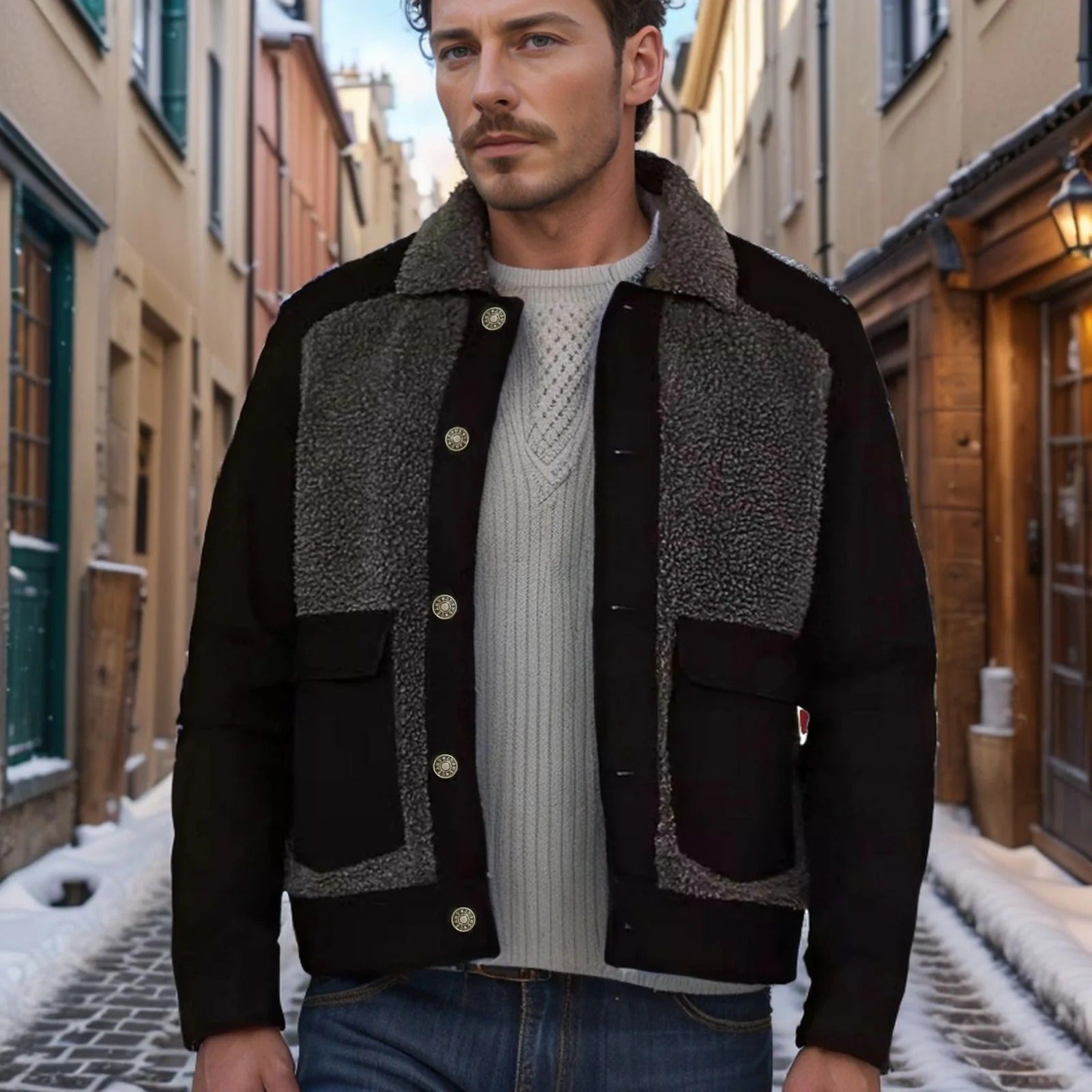 Men’s Jacket – Patchwork Design – Sherpa Collar – Wool Blend – Regular Fit – Waist-Length