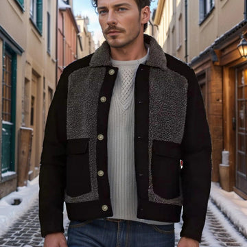 Men’s Jacket – Patchwork Design – Sherpa Collar – Wool Blend – Regular Fit – Waist-Length