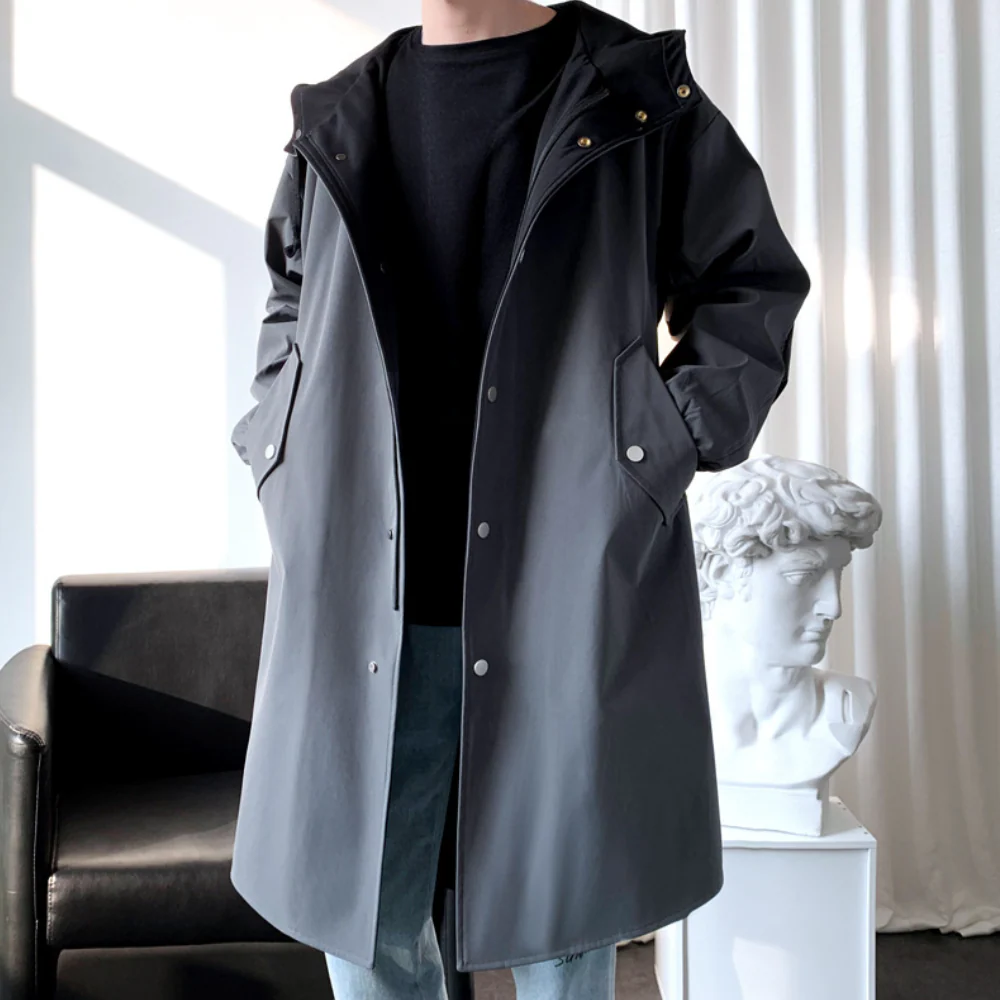 Men’s Long-Line Coat – Relaxed Fit – Hooded – Snap Closure – Two-Tone Interior