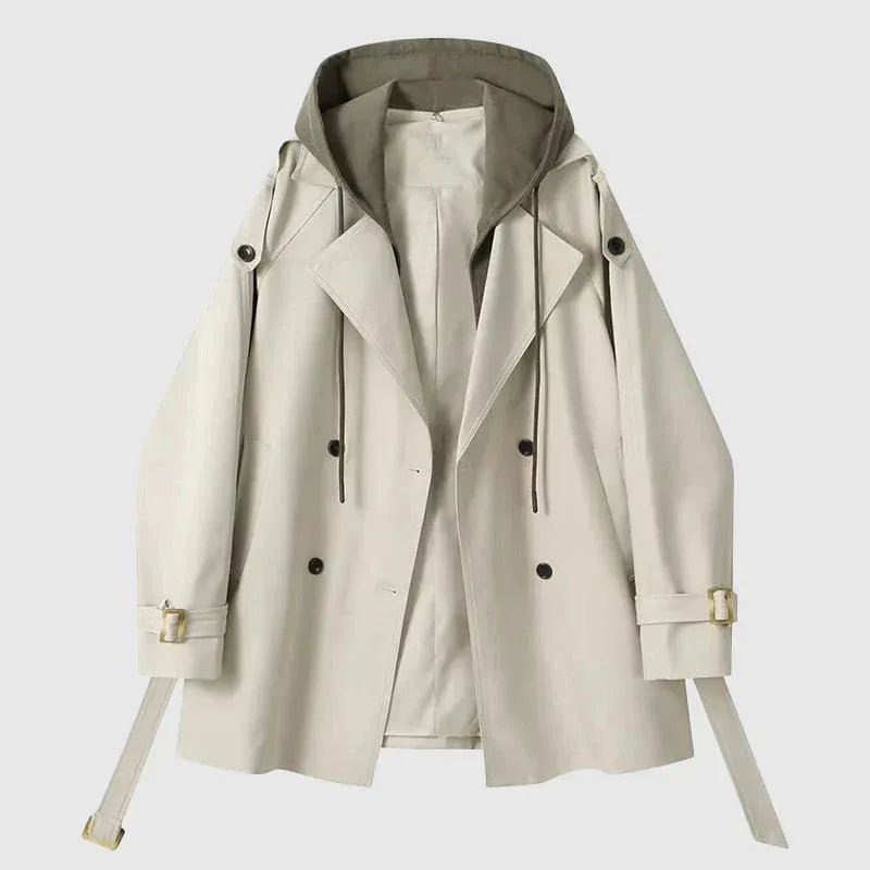 Women’s Trench Coat – Oversized Fit – Hooded – Cotton Blend – Belted Double Breasted