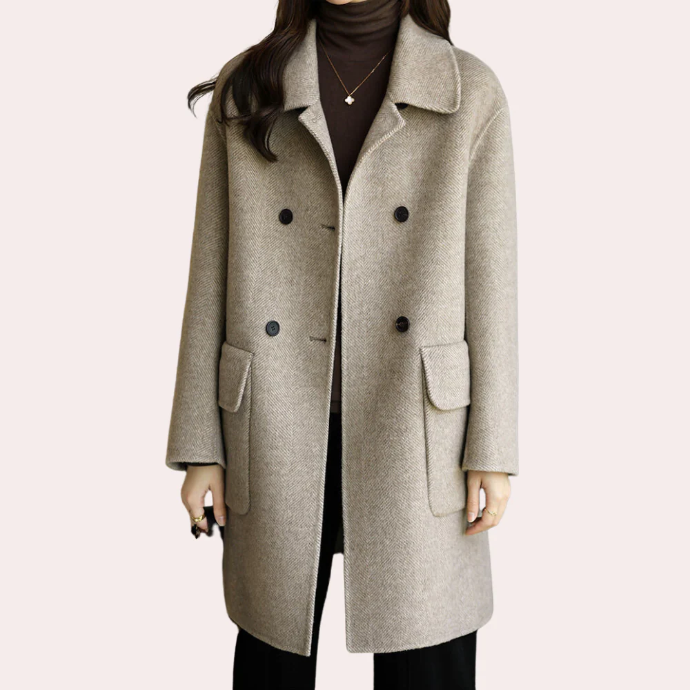 Women’s Double-Breasted Coat – Wool Feel – Structured Fit – Notched Collar – Mid Length