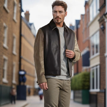 Men’s Jacket – Relaxed Fit – Leather Hybrid – Contrasting Sleeves – Full Zip – Waist-Length