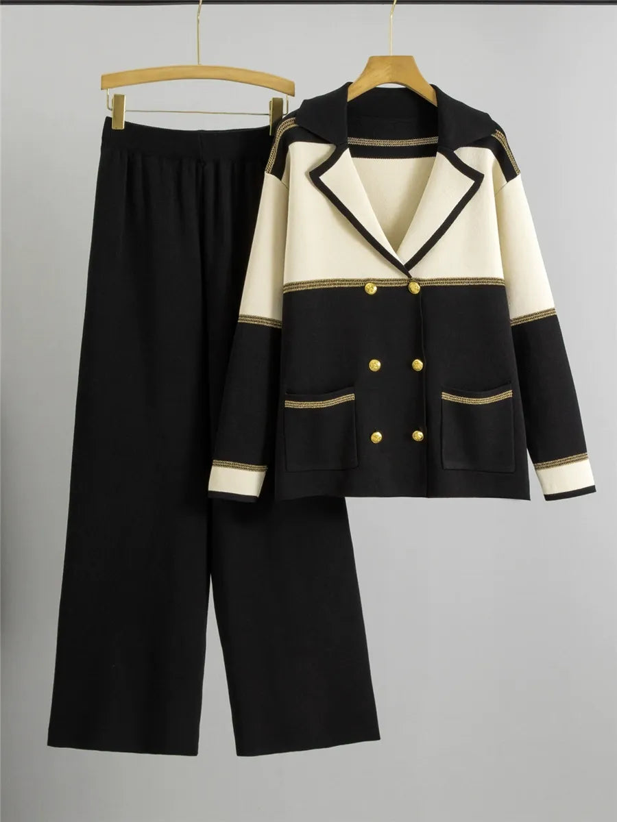 Women’s Knitted Suit – Double-Breasted Blazer – Wide-Leg Pants – Office Wear Set
