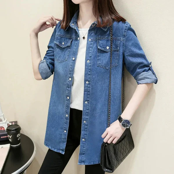 Women’s Denim Shirt – Slim Fit – Long Sleeve – Button Front – Chest Pockets