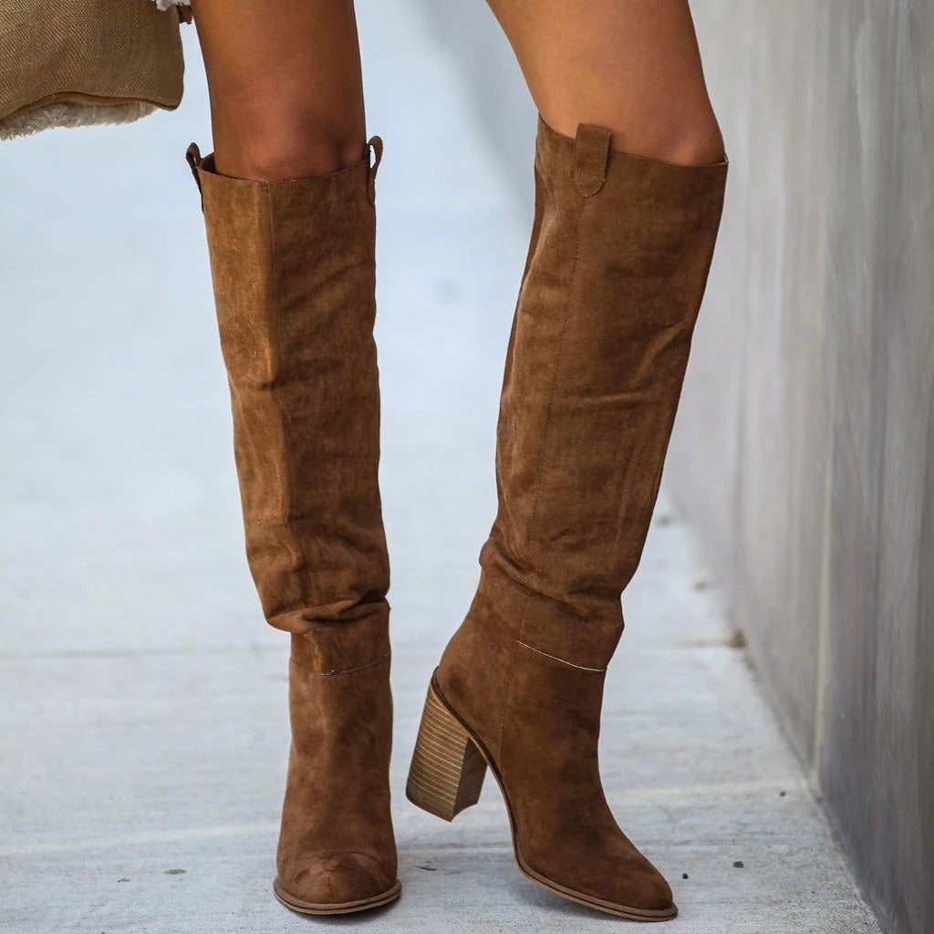 Women’s Over-the-Knee Boots – Suede Finish – Pointed Toe – Block Heel – Pull-On Fit