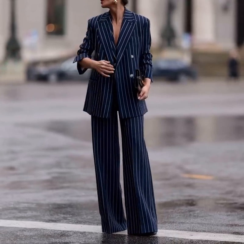 Women’s Two-Piece Suit – Double-Breasted Blazer – High-Waisted Flared Trousers – Wool Blend