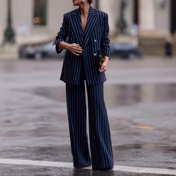 Women’s Two-Piece Suit – Double-Breasted Blazer – High-Waisted Flared Trousers – Wool Blend