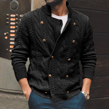 Men’s Cardigan – Tailored Fit – Cable Knit Wool Blend – Double-Breasted – High Collar