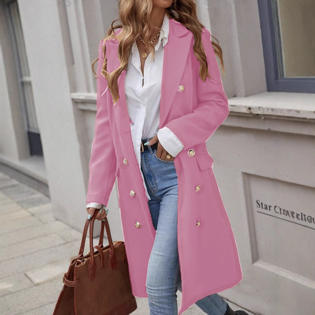 Women's Long Overcoat – Tailored Fit – Wool Feel – Double-Breasted – Wide Lapel Formal Style
