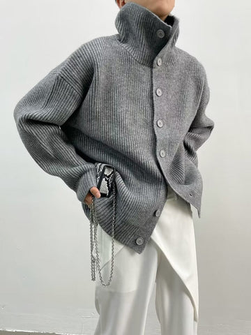 Men’s Cardigan – Oversized Fit – Ribbed Knit Texture – High Collar – Button Front