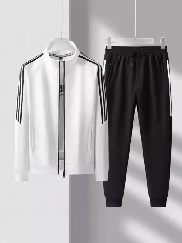 Men’s Two-Piece Tracksuit Set – Regular Fit – High Collar Zip Jacket – Tapered Joggers – Striped Trim