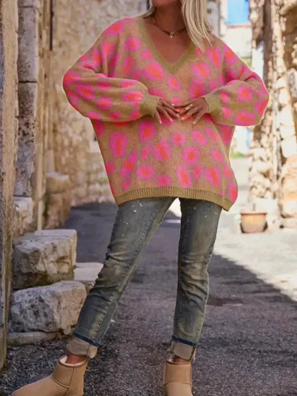 Women’s Sweater – Oversized Fit – Jacquard Knit – V-Neck – Long Sleeve Casual Wear