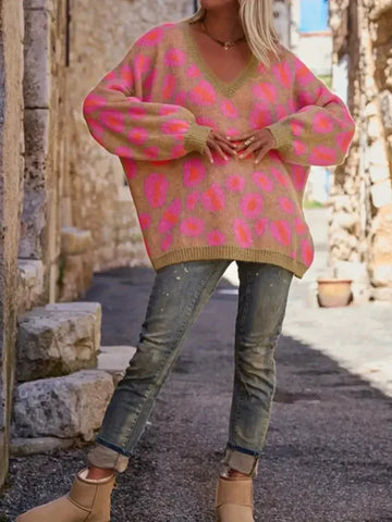 Women’s Sweater – Oversized Fit – Jacquard Knit – V-Neck – Long Sleeve Casual Wear