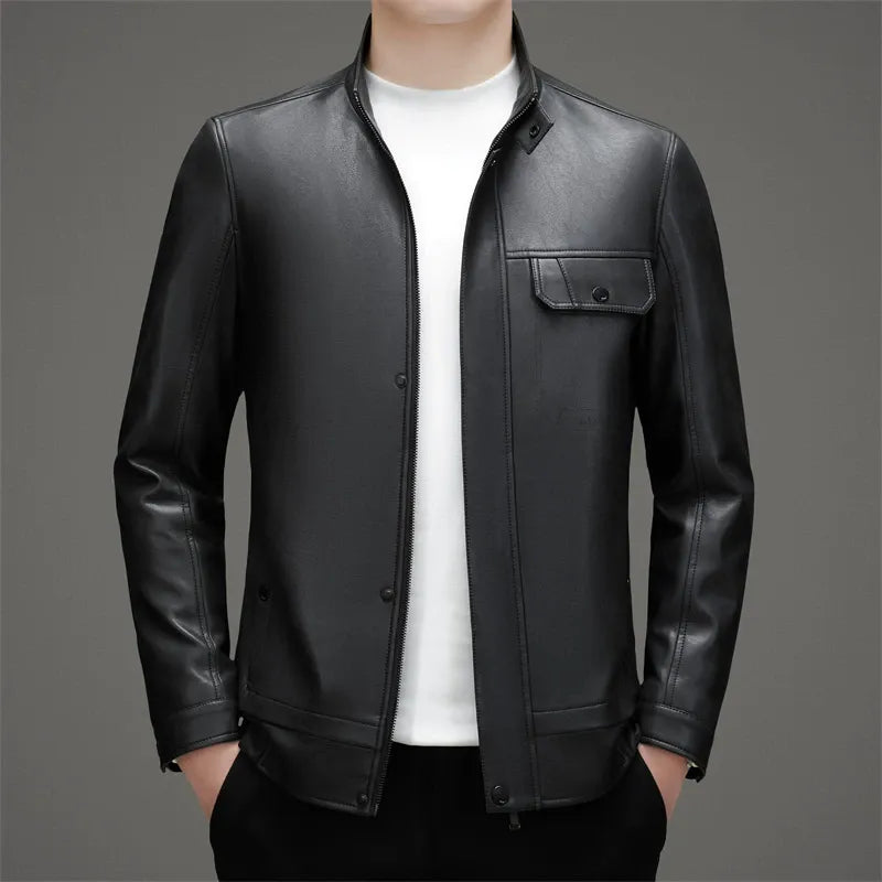 Men’s Leather Jacket – Tailored Fit – Band Collar – Full Zip – Snap Pocket – Hip Length