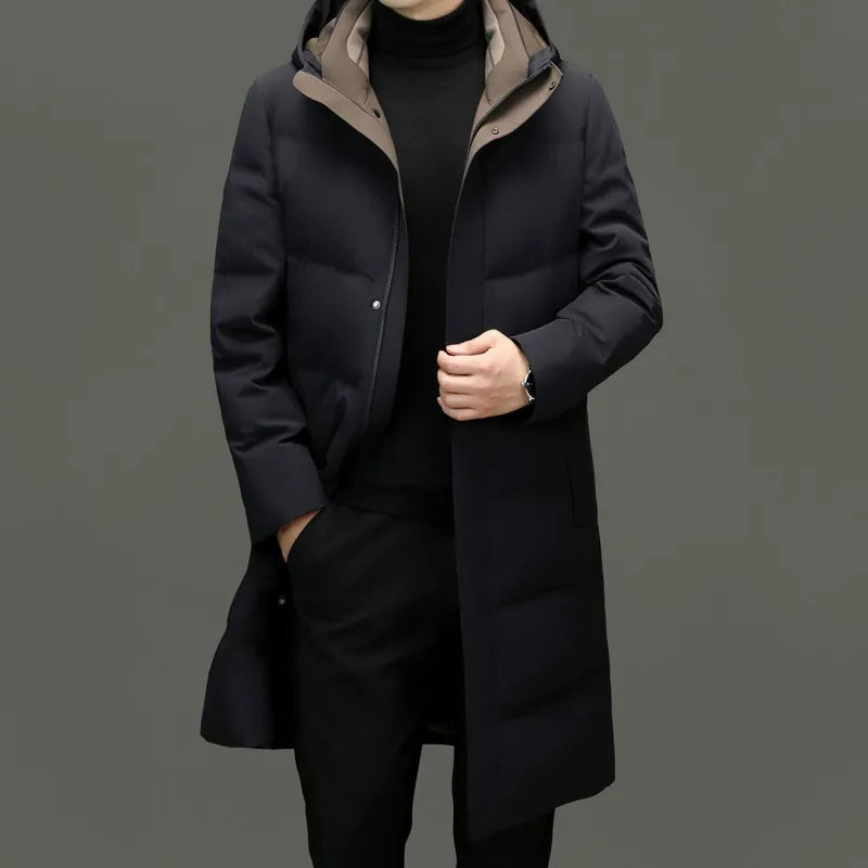 Men’s Long Down Jacket – Relaxed Fit – Quilted Design – Hooded – Full Length Warmth
