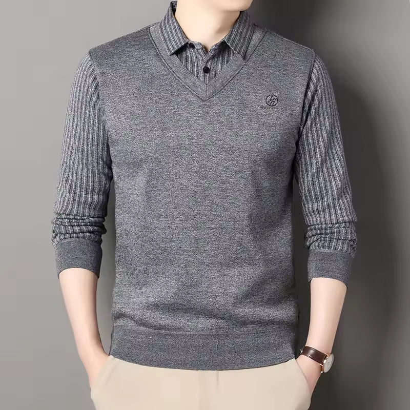 Men’s Pullover Sweater – Slim Fit – Wool Blend – Polo V-Neck – Ribbed Sleeves