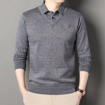 Men’s Pullover Sweater – Slim Fit – Wool Blend – Polo V-Neck – Ribbed Sleeves
