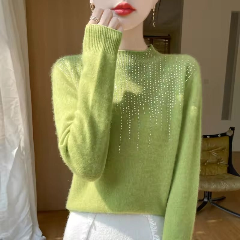 Women’s Sweater – Wool Knit – Loose Fit – High Neck – Rivet Diamond Detail – Long Sleeve