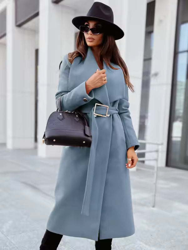 Women’s Long Coat – Tailored Fit – Wool Blend – Belted Waist – Button Front V-Neck