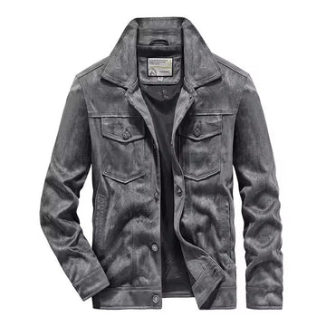 Men’s Suede Jacket – Slim Fit – Button-Up Front – Flap Pockets – Structured Collar