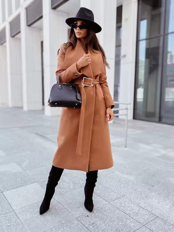 Women’s Long Coat – Tailored Fit – Wool Blend – Belted Waist – Button Front V-Neck