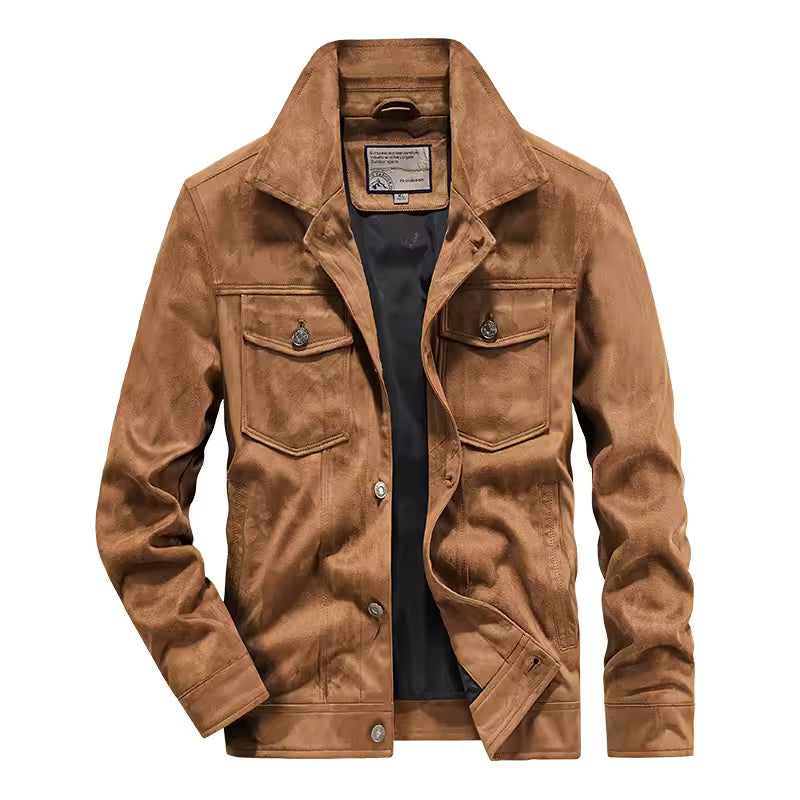 Men’s Suede Jacket – Slim Fit – Button-Up Front – Flap Pockets – Structured Collar