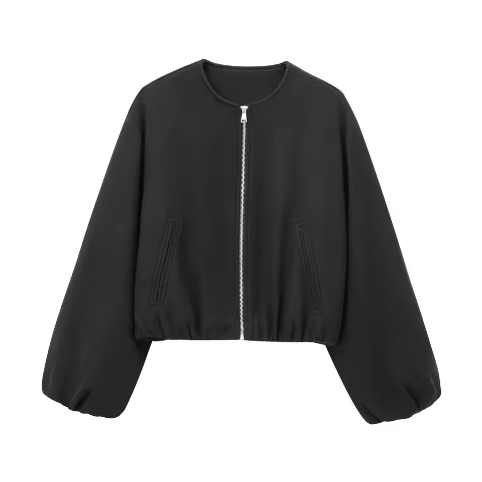 Women’s Bomber Jacket – Cropped Fit – Soft Touch – Voluminous Sleeves – Zip Front