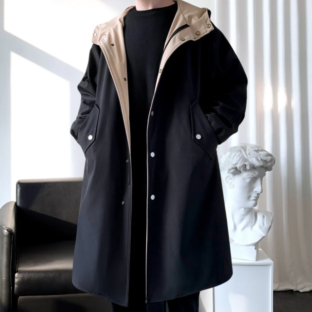 Men’s Long-Line Coat – Relaxed Fit – Hooded – Snap Closure – Two-Tone Interior