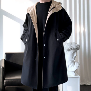 Men’s Long-Line Coat – Relaxed Fit – Hooded – Snap Closure – Two-Tone Interior