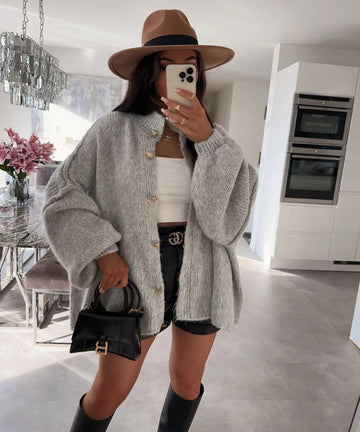 Women’s Cardigan – Oversized Fit – Soft Knit – Button Front – Balloon Sleeves