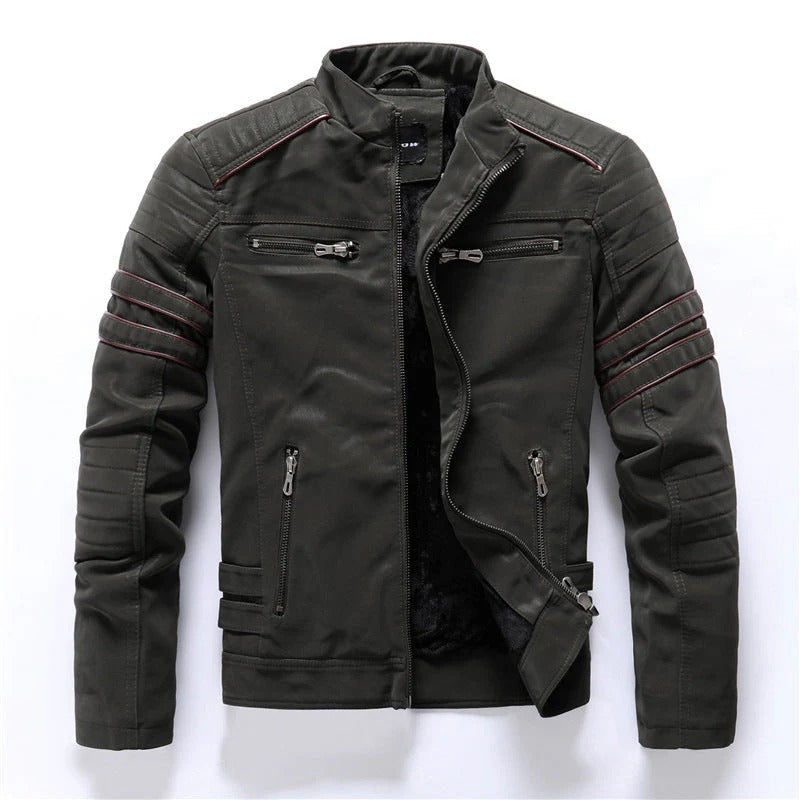 Men’s Biker Jacket – Slim Fit – Quilted Shoulders – Zipped Front – Stand Collar