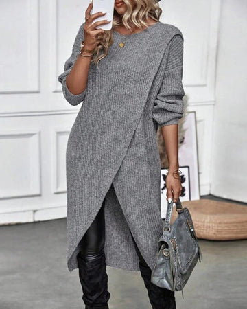 Women’s Long Pullover – Oversized Fit – Ribbed Wool Knit – Asymmetrical Wrap Design