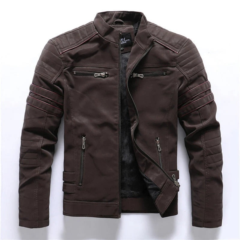 Men’s Biker Jacket – Slim Fit – Quilted Shoulders – Zipped Front – Stand Collar