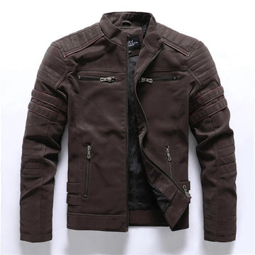 Men’s Biker Jacket – Slim Fit – Quilted Shoulders – Zipped Front – Stand Collar