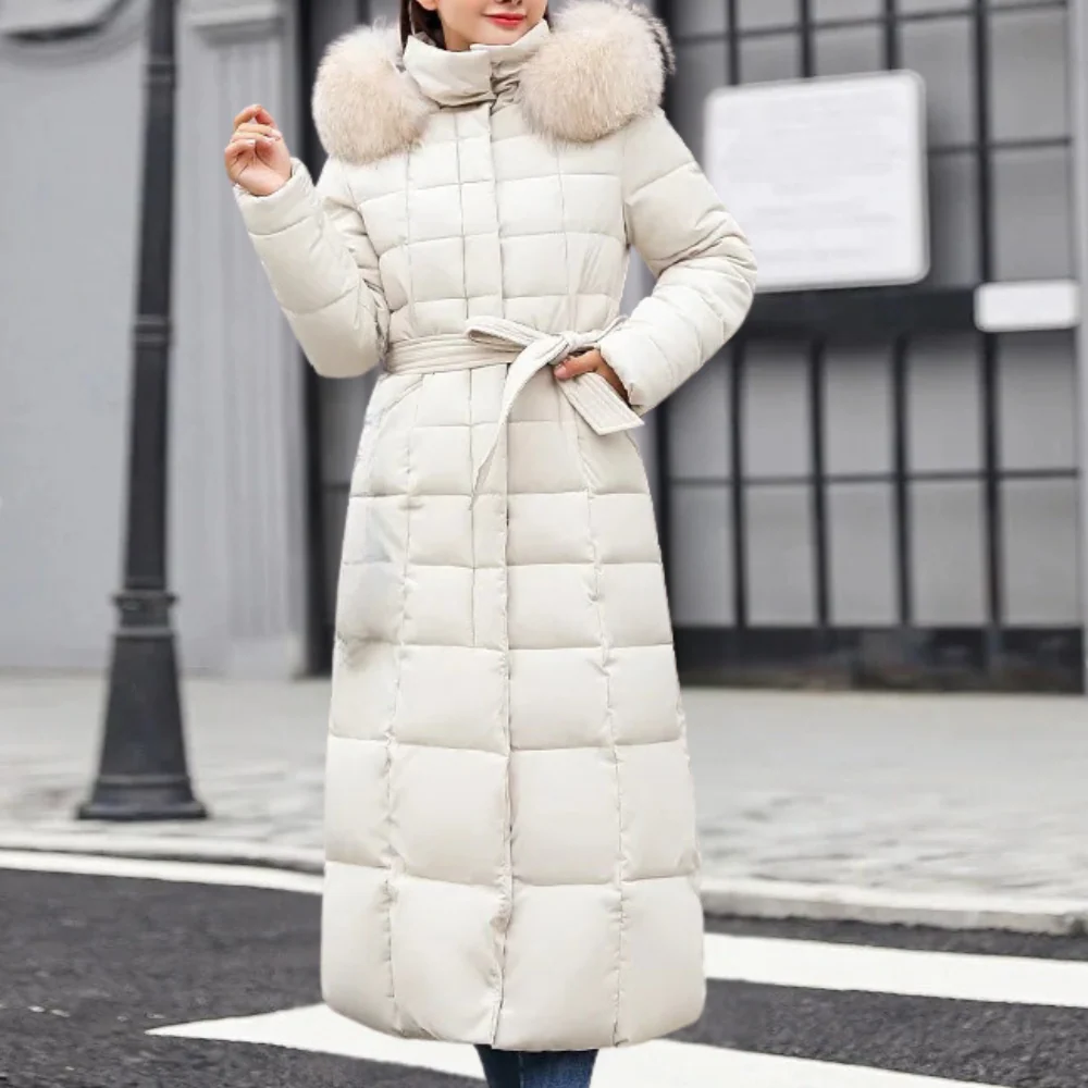 Women’s Quilted Coat – Long Insulated Fit – Belted Waist – Fur Trim Hood