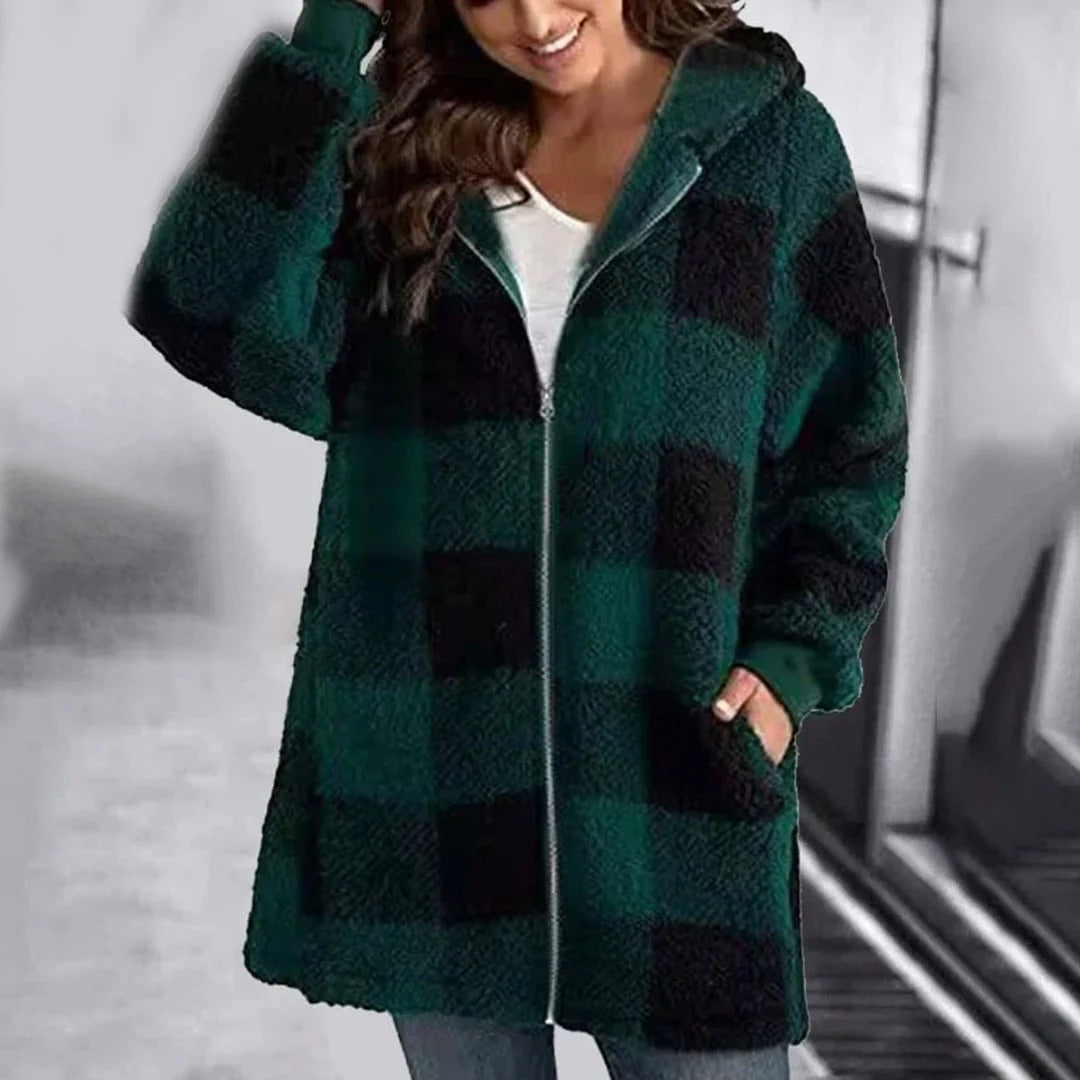 Women’s Hoodie – Oversized Fit – Soft Knit – Check Pattern – Full Zip – Casual Layer