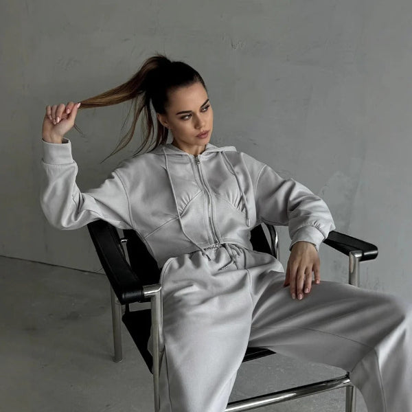 Women’s Two-Piece  Lounge Set – Hooded Zip Sweatshirt – Wide-Leg Trousers – Soft Cotton Blend