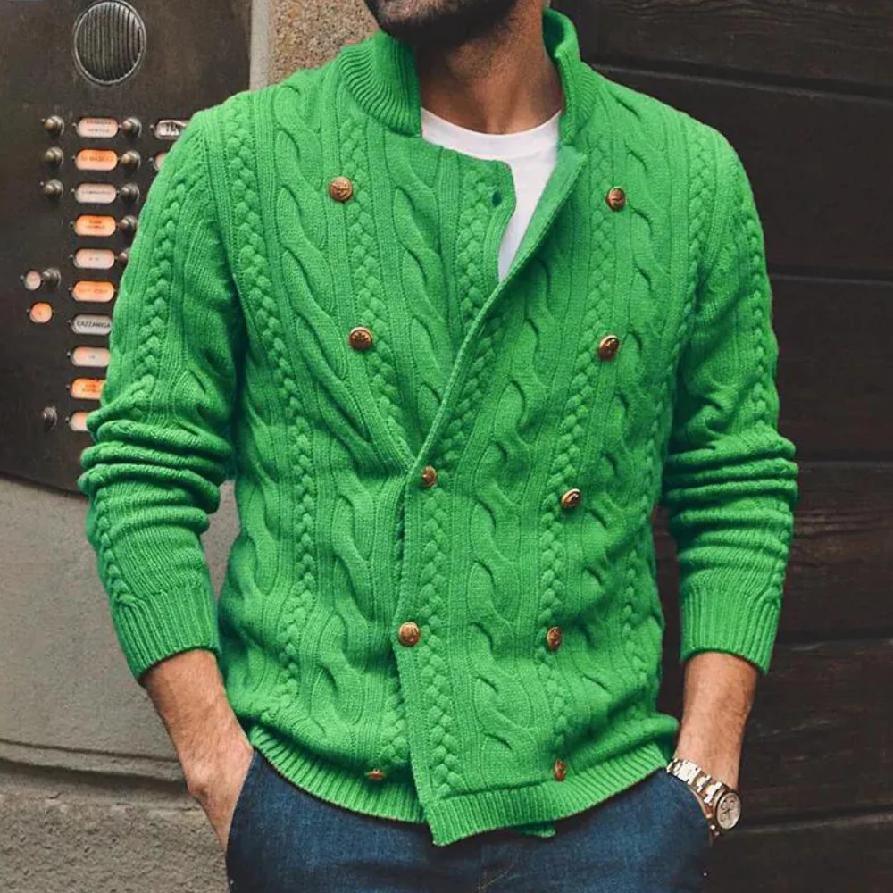 Men’s Cardigan – Tailored Fit – Cable Knit Wool Blend – Double-Breasted – High Collar