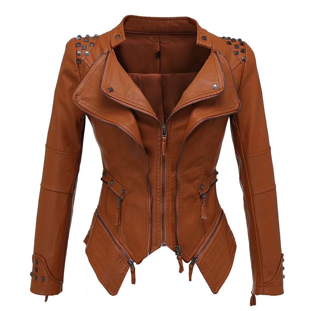 Women’s Biker Jacket – Slim Fit – Studded Shoulders – Leather Look – Zip Details