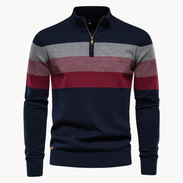 Men’s Quarter-Zip Sweater – Slim Fit – Knitted Wool Blend – Ribbed Trim – Striped Design