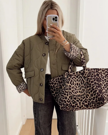 Women’s Quilted Jacket – Relaxed Fit – Leopard Cuff Detail – Button Front Casual Layer