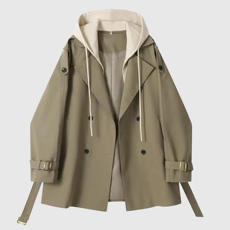 Women’s Trench Coat – Oversized Fit – Hooded – Cotton Blend – Belted Double Breasted